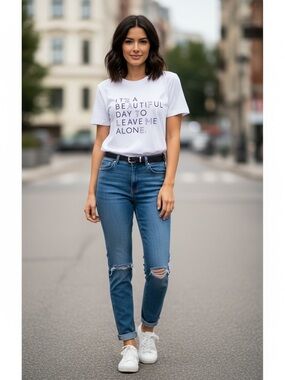 White y-shirt with Text with some letters embellished with rhinestones size L.